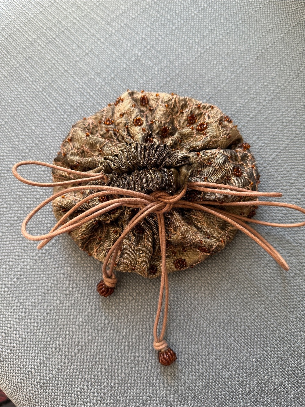Embroidered & Beaded Vintage Drawstring Mini Jewelry Pouch - Olive Green